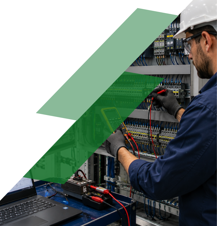 Technician diagnosing a PLC control panel for plastics processing automation equipment.