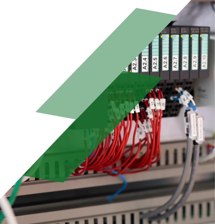 Industrial PLC control system with I/O modules, field wiring, and communication connections