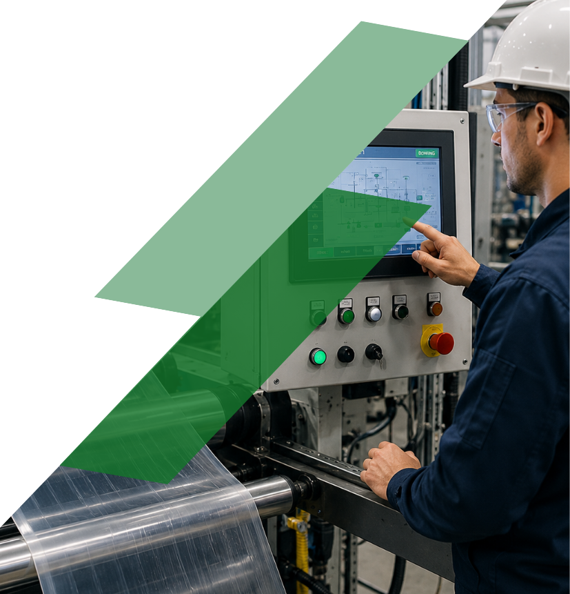 Technician monitoring an extrusion line control panel in a plastics processing facility.
