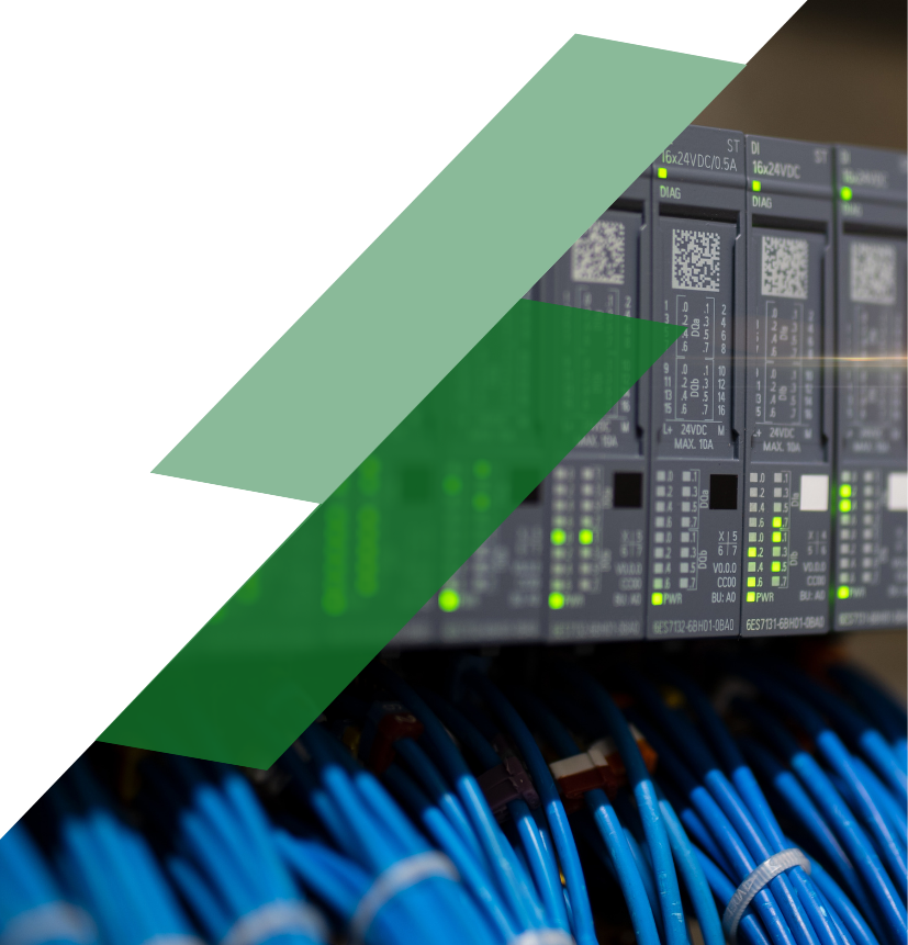 Industrial PLC diagnostics showing controller status indicators, communication modules, and network wiring