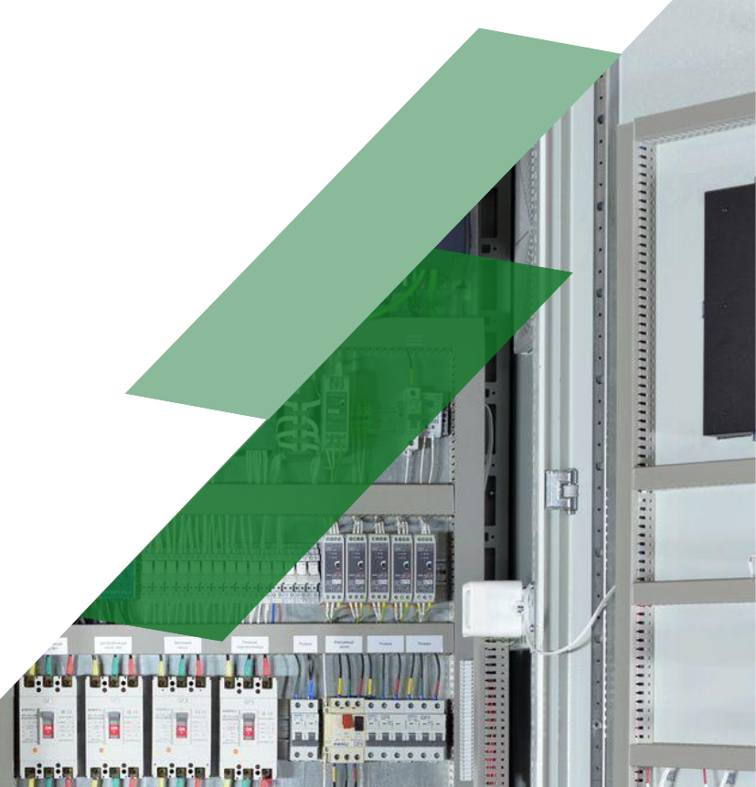 Open industrial control panel cabinet with PLC components, relays, contactors, and electrical controls for industrial automation.